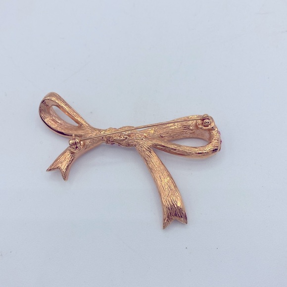 Vintage KJL Rose Gold Tone Pink Pave Rhinestone Bow Pin Brooch Cancer Awareness - Picture 10 of 11